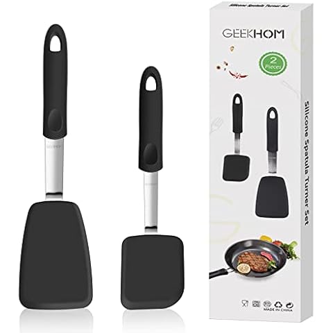 Silicone Spatula Turner Set of 2, GEEKHOM 600°F Heat Resistant Flexible Kitchen Small Spatulas Set for Nonstick Cookware, Cooking Utensils Non Scratch or Melting Flipper,Ideal for Egg,Pancake Baking Cover