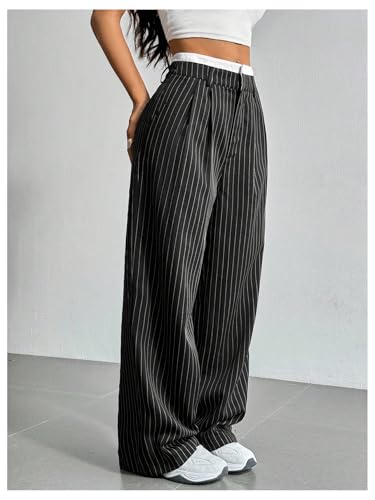 SOLY HUX Women's Striped Pants Color Block High Waisted Wide Leg Casual Work Office Long Trousers3