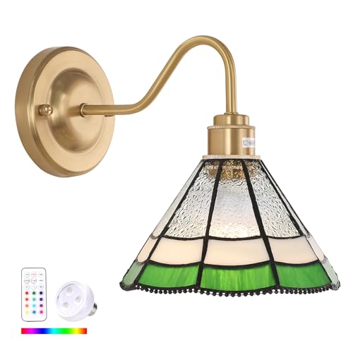 Image of Shenmoyl Vintage Battery Operated Wall Sconce with Remote, RGB LED Wall Lamp 12 Colors Dimmable, Brass Wall Lights Fixture for Bedroom Bathroom Living Room Hallway Green Multilayer Petal