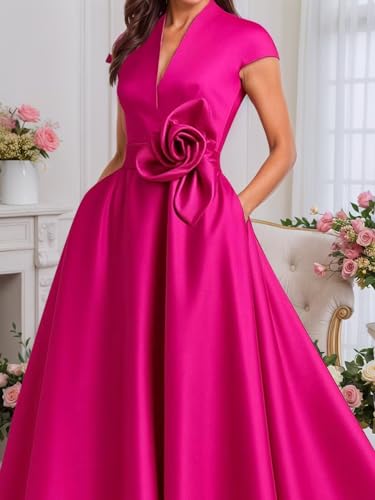 Tea Length Mother of The Bride Dresses for Women Cap Sleeves Formal Wedding Guest Dress Satin Evening Gowns3