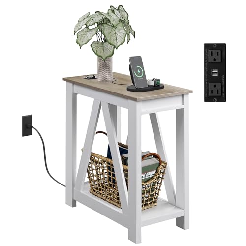 WLIVE Farmhouse End Table, Narrow Side Table with Charging Station, Slim End Table, Side Table for Bedroom, Living Room, Small Spaces, with 2 USB and 2 Power Outlets, 11.8" D x 23.6" W x 23.74" H