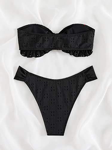 Floerns Women's 2 Piece Bathing Suit Ruffle Hem Bandeau Tie Front Bikini Set Black Medium - Image 2