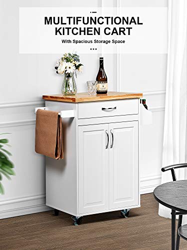 Kealive Kitchen Island on Wheels, Rolling Kitchen Cart with Spice Rack Towel Rack, with Large Drawer and Storage Cabinet, Solid Rubber Wood Top, White, 31.5L x 18.9W x35.4H