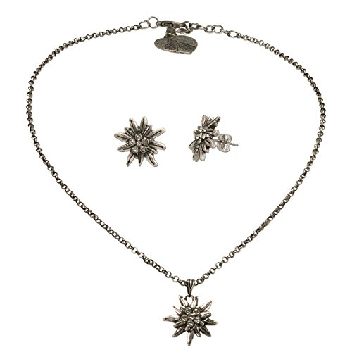 Alpenflüstern Trachtenschmuck-Set Trachtenkette und Ohrstecker Strass-Edelweiß klein - Damen-Trachten-Schmuck, Trachtenset Dirndl-Kette und Trachten-Ohrringe antik-Silber-Farben SET031 Cover