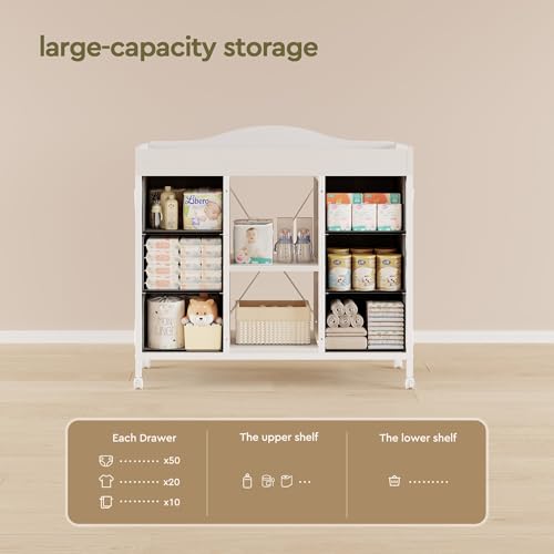 Image of YeTom Changing Table, 6-Drawer Dresser, Adjustable Shelves, Mobile, White | Changing Table Dresser, Waterproof Diaper pad & Safety Strap, 6 drawers, Adjustable shelves, Mobile Nursery Organizer