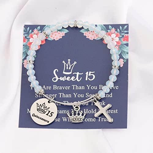 Image of FEELMEM Girl Sweet 15 Gift 15 Quinceanera Charm Beaded Bangle Bracelet Quinceanera 15th birthday Party Gifts for Her