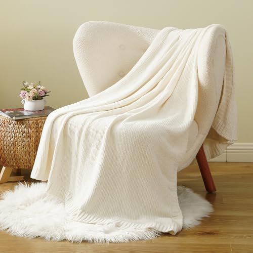 BATTILO HOME White Chenille Throw Blanket for Couch, Knit Cream Chenille Blanket for Bed, Sofa, Home...
