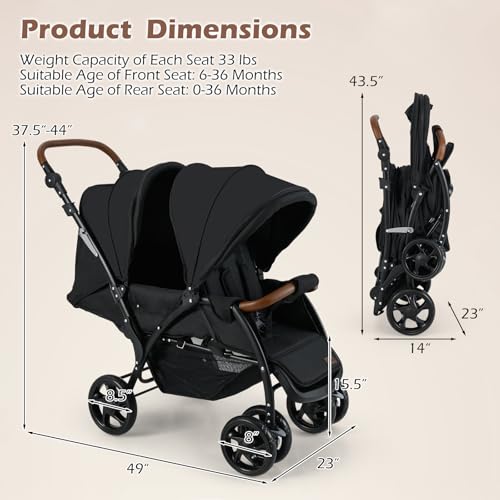 INFANS Double Stroller, Foldable Baby Tandem Stroller with Djustable Backrest Canopy Footrest, 5-Point Harness, Storage Basket, Convertible Compact Twin Stroller for Infants and Toddlers - Image 4