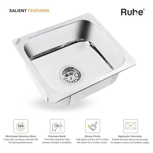 Image of Ruhe Hydraulic Square Single Bowl Kitchen Sink - 15x12x6 inches | 304-Grade Stainless Steel Sink with Glossy Finish | Kitchen Sink Including Coupling and Waste Pipe
