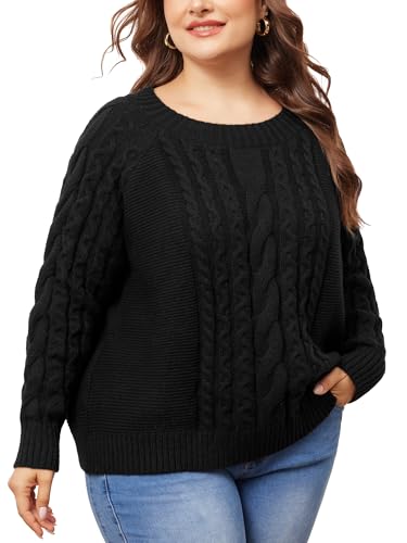 Agnes Orinda Plus Size Women's Sweater Long Sleeve Crewneck Fisherman Cable Pullover Sweaters