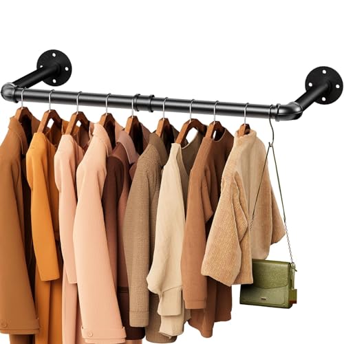 Wall Mounted Clothes Rail 96cm Industrial Pipe Clothing Rack Black Wall Clothing Rack Multi-Purpose Clothing Hanging Rod for Laundry Room Closet Storage Bedroom Closet