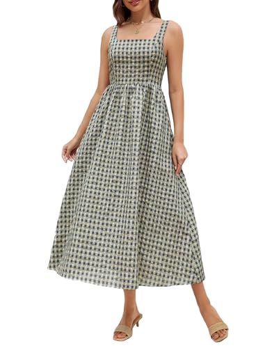 Ladyful Womens Summer Gingham Maxi Dress Spaghetti Strap A-line Checkered Long Dress Square Neck Casual Beach Plaid Sundress