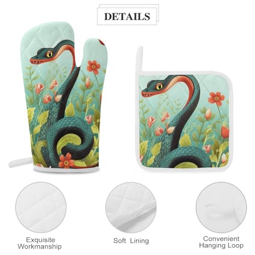 Gants de cuisine antidérapants et maniques serpent fleur lot 4