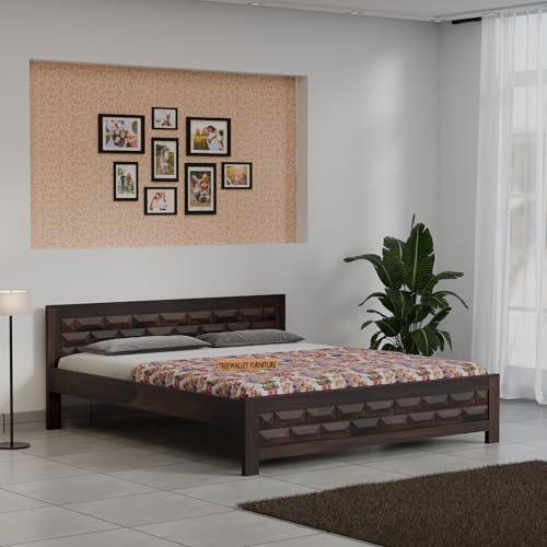 Image of TreeWalley Solid Sheesham Wood Queen Size Bed Without Storage | Double Bed Cot for Bedroom | Palang Double Bed for Home | Wooden Double cot for Living Room | Rosewood, Walnut Finish