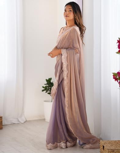 Image of SIRIL Women's Shimmer Chiffon Sequence Embroidery Saree With Unstitched Blouse Piece for Wedding and Parties