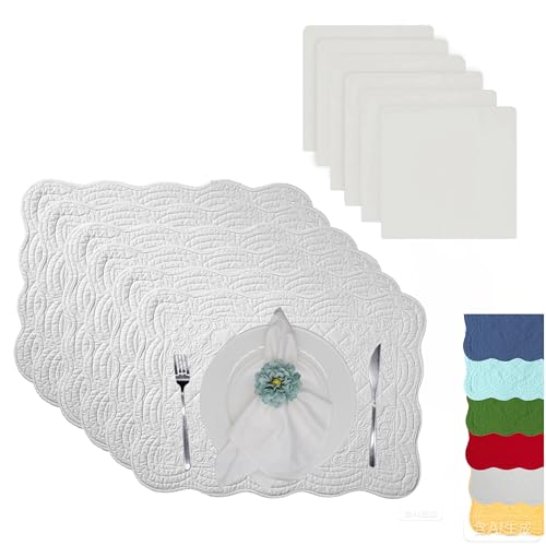 ART Pinecone Manteles individuales acolchados de algodón con servilletas de algodón blanco a juego, juego de 6 manteles individuales y 6 servilletas de tela, juego de mantel blanco sólido para cenas