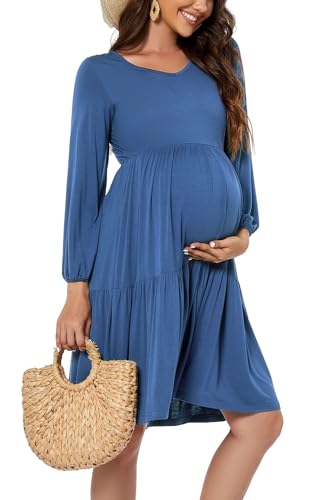 Smallshow Ropa Premama Manga Larga Vestidos Embarazada Grey Blue L