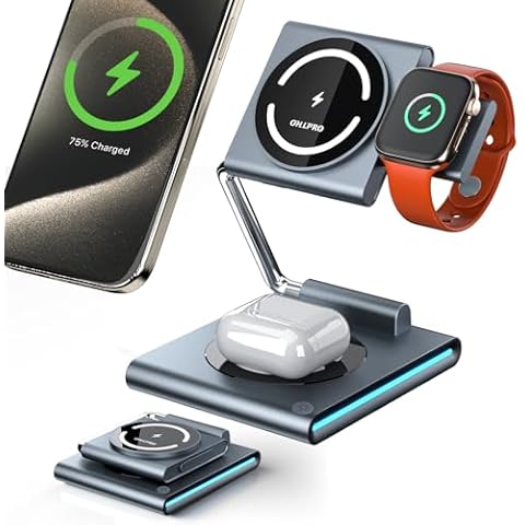 OHLPRO 3 in1 Magsafe Charger Stand for iPhone 16 Wireless Charging Station for Apple Devices, 15W Travel Foldable Wireless Charger for iPhone 15 14 13 12 Series, Airpods 3 2 Pro, iWatch 9 8 7 Cover