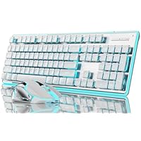 SEUNKWANG EWEADN V3 Wireless Keyboard and Mouse with Blue Backlit, Metal Panel, Bluetooth/2.4G Rechargeable Computer Keyboard and Mouse Combo Silent Lighted Full Size Cute Keyboards-White