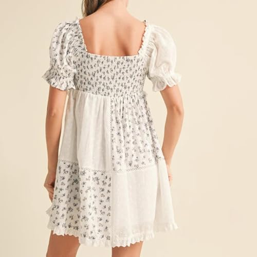 Image of Women Y2k Puff Sleeve Babydoll Dresses Square Neck Tie Back Mini Dress Summer Solid Off Shoulder Flowy Sundress