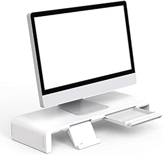 Foldable Monitor Stand Built in Storage Drawer Tablet&Phone Stand Holder,Klearlook Width Adjustable Desktop Monitor Screen Riser,Anti-Slip Monitor Mount for Computer/Printer/Laptops/TV-White
