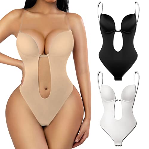 Backless Shapewear for Women Tummy Control Backless Body Shaper Plus Size Thong Shapewear Bodysuit with Built-in Bra