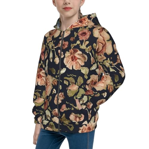 Trendy Blooming Rose Kid Hoodies Boys Zip Up Sweatshirts Girls Pullover with Pocket