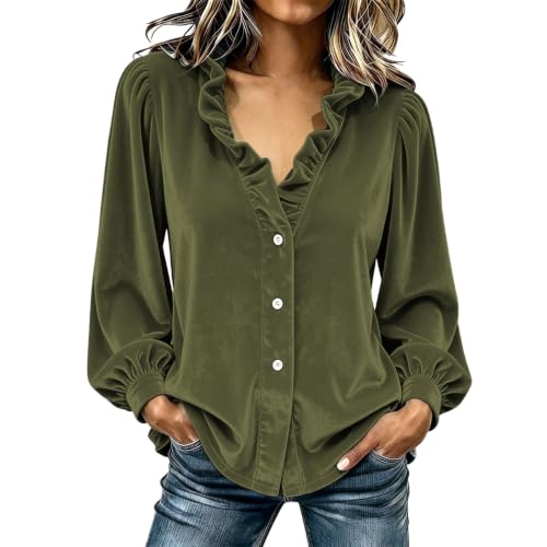 Womens Velvet Blouses Ruffle V Neck Tops Long Sleeve Button Down Shirt Fall - image 1