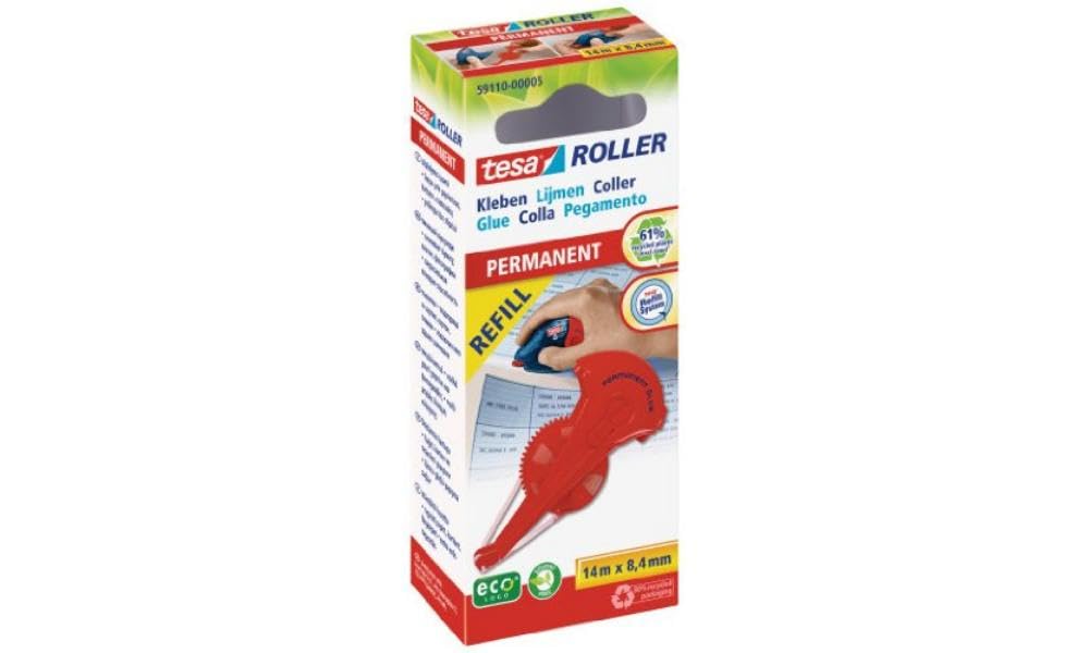 tesa Permanent Glue Roller ecoLogo Environmentally Friendly, 14 m x 8.4 mm - Refill - Pack of 5