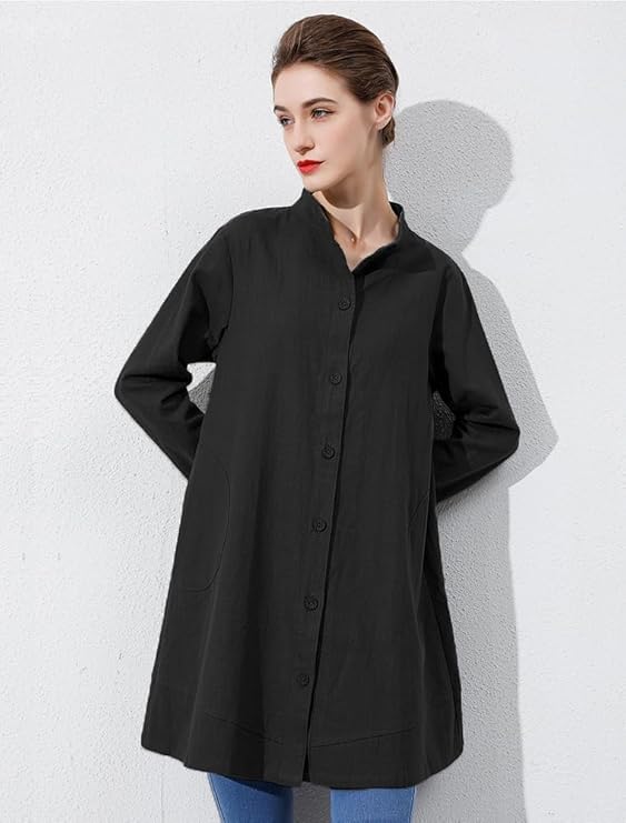Laovanln Women's Linen Shirts Jackets Button Down Long Sleeve Cotton Blouse Tops with Pockets2
