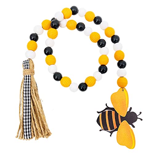 Likense Wood Bead Garland with Tassels, Rustic Orange Black and White Bee Hanging Beads Decor for Country Farmhouse Home Decor, 43.3 inches