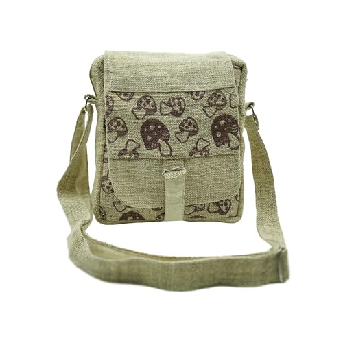 Hemp Canvas Messenger Bag, Mushroom Print, Mini Crossbody Bag for Women and Men