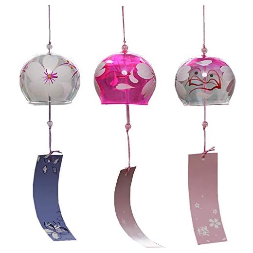 Falytemow Japanese Wind Chimes Romantic Cherry Wind Bells Handmade Glass Japanese Style Pendant for Birthday Gift Outdoor or Indoor Home Decors Pack of 3