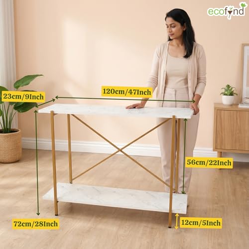 Image of ecofynd Elix 47 Inch Console Table, Metal with Engineered Wooden top Long Narrow Hallway, Entryway, Living Room, Dining Room, Office, Home Side Table Storage Shelves, 47 inchX 9 inchX 28 inch White and Gold
