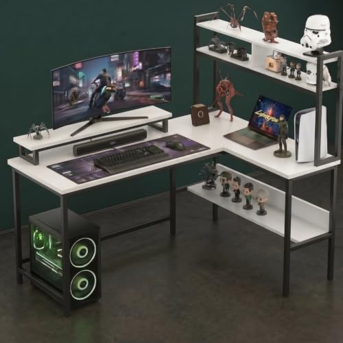 Image of TEKAVO Tonny L Shape Table for Home Office, Computer Table for Home Pc, L Shaped Office Table, Gaming Work Desk | with Book Shelf + Monitor Riser, White Wood, Metal (124 x 48 x 75 Cm) | DIY