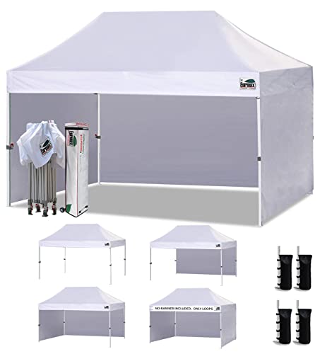 Eurmax USA 10'x15' Pop-up Canopy Tent Commercial Instant Canopies with 4 Removable Zipper End Side Walls and Roller Bag, Bonus 4 SandBags(White)