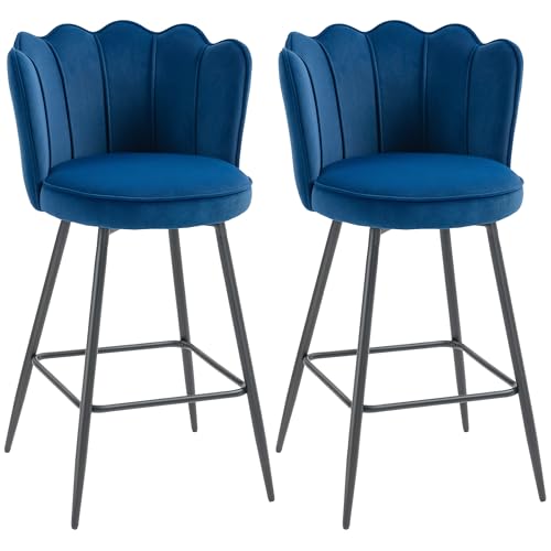 Image of HOMCOM Bar Stools Set of 2, Modern Velvet-Feel Barstools with Petal Backrest and Footrest, Upholstered Breakfast Bar Chairs with Metal Legs for Kitchen Island Counter, Dining Room, Dark Blue