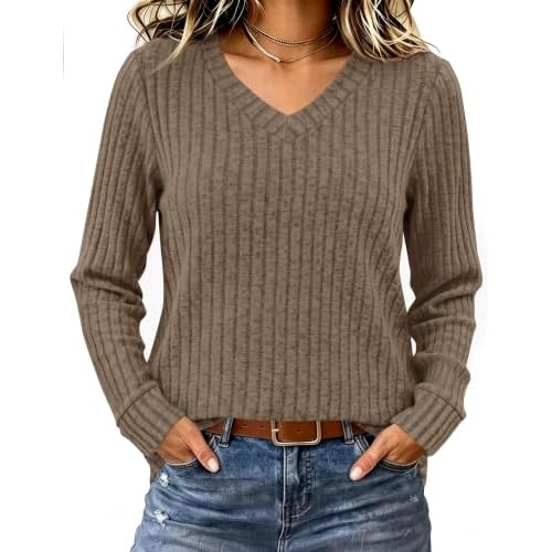 Rapbin Womens Long Sleeve Tops Fall Winter V Neck Lightweight Sweater