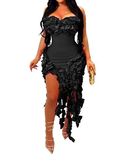 IyMoo Women Sexy Strapless Ruffle Bodycon Dress Solid Color Fringe Slim Party Cocktail Bandage Dresses