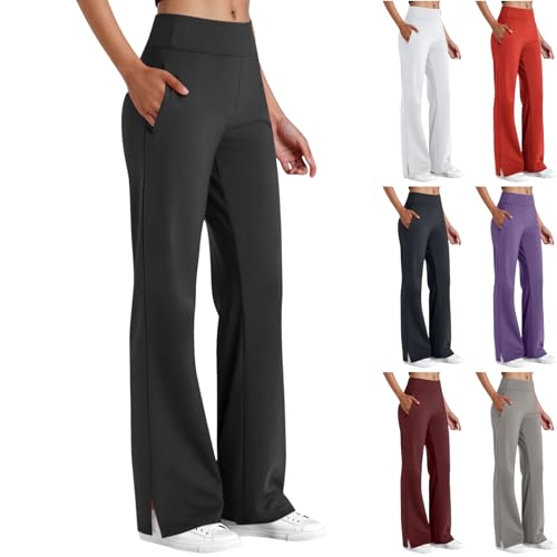 Flare Yoga Pant for Women High Waist Tummy Control Leggings Fashion Side Slit Wide Leg Leggings with Pocket