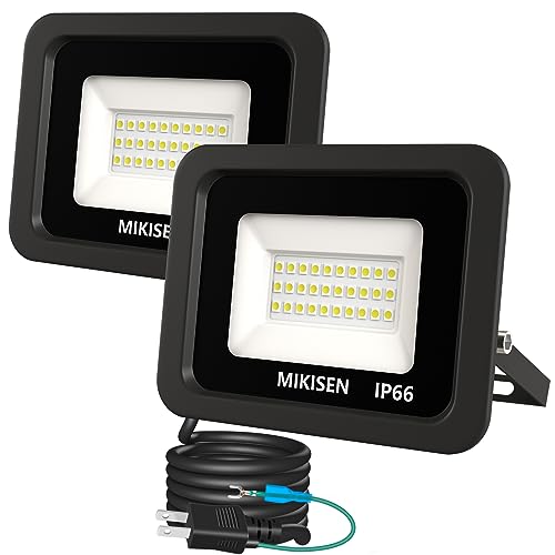 MIKISEN led 投光器 作業灯 看板灯 20w 昼光色 2300LM 6500K 180w相当 1.8コード IP66防水 アース端子付2Pプラグ 120°広角 100V対応 ワークライト 工事用ライト ledライト 灯光器 作業灯 外灯 集魚灯 駐車場用 倉庫照明 防犯灯 船舶 屋内 屋外作業 BBQ用 日本語取扱説明書【PSE認証済み 2個セット】