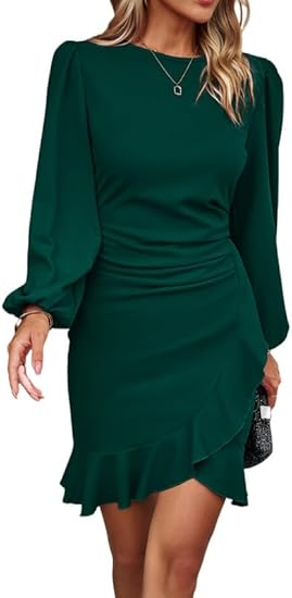 TcIFE Damesjurk, vrijetijdsjurk, ronde hals, lange mouwen, bodycon, ruches, korte strakke mini-jurk, klassieke casual jurk, elegant, 1-2 wijn, S