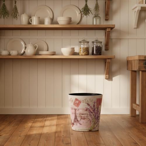 Image of PU Leather Small Trash Can Wastebasket, Round Garbage Container Basket for Bathrooms, Laundry Room, Kitchens, Offices, Kids Rooms, Bedrooms,Dorms,Home Decorative Art Bin, 2.9 Gallon(Lavender Design)