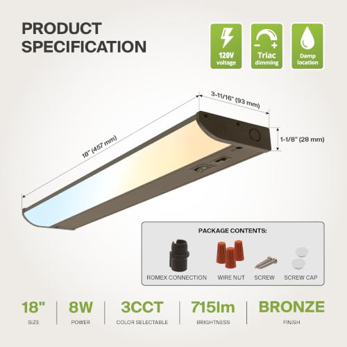 Image of ASD LED Under Cabinet Lighting, 18 inch 8W 715 LM, Dimmable Hardwired Under Cabinet Lights for Kitchen, 3000K Soft /4000K Cool /5000K Daylight, Under Counter Light Fixtures, ETL, Bronze, Bullnose Design