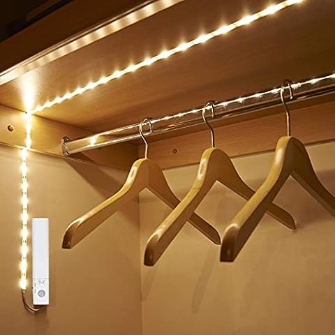 Wardrobe Motion Sensor Activated LED Light Strips 1M Rope Closet Night Light Bar Battery Operated(1M,Warm White) Cover