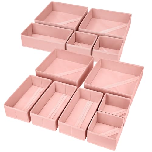 DIMJ Fabric Drawer Organizer Bins – 12 Pack Foldable Sock & Clothes Organizer – Pink