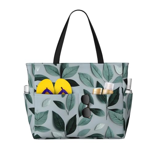 Mint Gray Leaf Large Beach Tote Bag Women Beach Tote Bag For Pool Gym Grocery Travel With Multiple Pocket