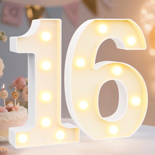 Pooqla Decorative Led Light Up Number Letters White Plastic Marquee Number Lights Sign 16th Birthday Decorations for Girls Boys Party Wedding Decor Battery Operated Number (16)