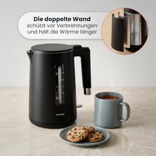 Elektrischer Wasserkocher 1,5L 2200W klassisch Messbecher für Wasser Wasserstand Edelstahl Doppelwandig automatische Abschaltung Schwarz Sicherheit vor Kochen ohne Wasser – Bild 5