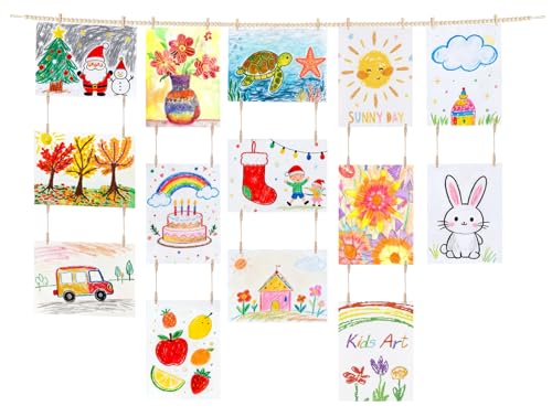 Dahey Art Display for Kids Artwork Wall Decor Boho Wooden Beads Garland Frame Holder with 34 Clips for Hanging Kids Art Work Picture Photo Cards Display Bedroom Living Room Homeschool Decor